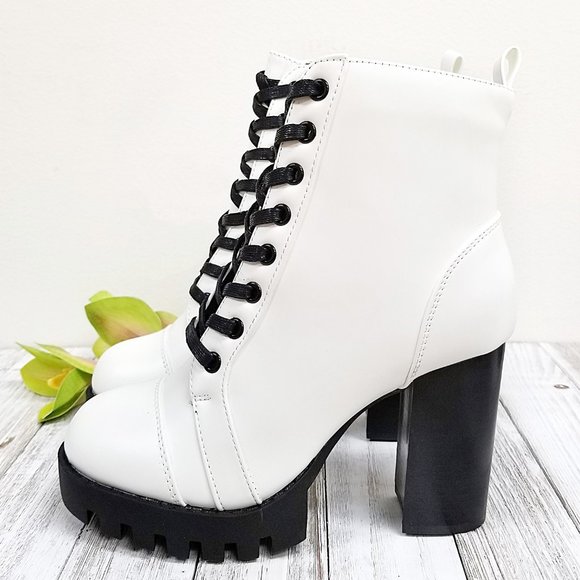 New White Lace Lug Up Chunky Heel Combat B… - Picture 2 of 5